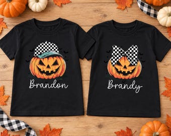 Matching Jack-O-Lantern Halloween Shirts: Brother & Sister Black Cotton