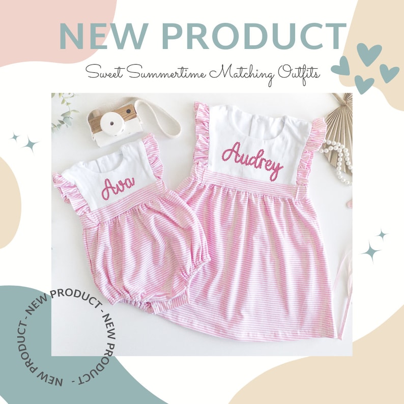 May include: A matching set consisting of a pink and white striped bubble romper with the name Ava embroidered in pink and a pink and white striped dress with the name Audrey embroidered in pink. Both garments feature white bodices and ruffled sleeves.