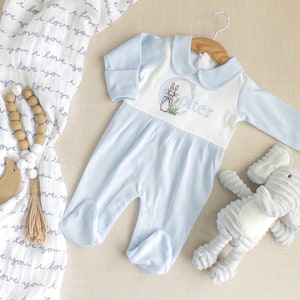 Monogrammed Baby Shower Gift • Peter Rabbit Infant Footie • Blue and White Romper •  Coming Home Outfit