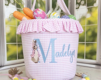 Personalized Peter Rabbit Embroidered Nursery Storage Basket • Personalized New Baby Gift Basket • Pink or Blue Gingham Easter Bunny Bucket