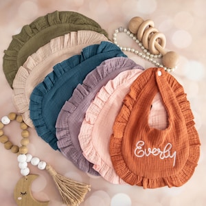 Personalized Baby Bib: Organic Cotton Muslin with Hand-Stitched Font