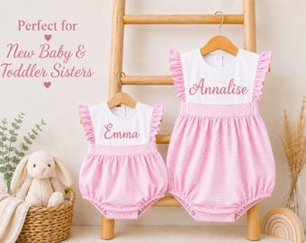 Personalized Toddler Summer Sundress | Baby Sunsuit | Pink and White Cotton Knit | Monogram Girl Gift