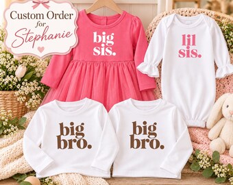 Custom Order for Stephanie | 4-Piece Sibling Outfit Set | Pink Tutu Dress, Infant Gown & 2 Long Sleeve Shirts