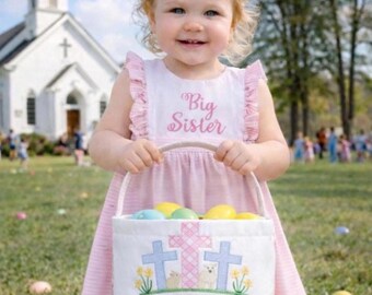 Personalized Embroidered Easter Basket: Tartan Plaid Canvas, Three Cross Christian Design