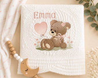 Personalized Baby Girl Quilt: Teddy Bear Heirloom Blanket
