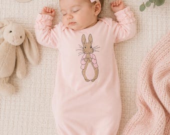 Beatrix Potter Embroidered Baby Gown: Pink Cotton Knit, Newborn/0-3M Size