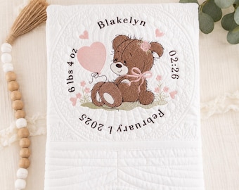 Personalized Baby Girl Quilt: Birth Stats, Teddy Bear Heirloom
