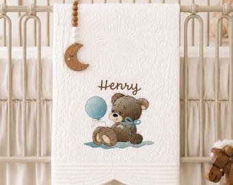 Personalized Baby Boy White Quilt: Teddy Bear Heirloom Blanket