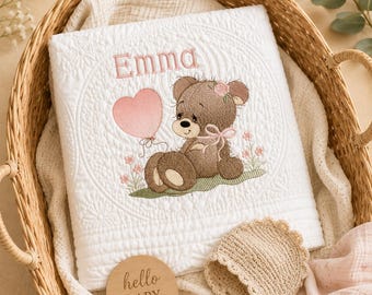 Personalized Baby Girl Quilt: Teddy Bear Heirloom Blanket