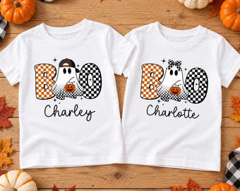 Matching Brother Sister Halloween Ghost Shirts: Halloween Checkered Cotton Boo Graphic