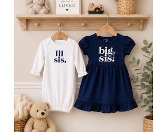 Big Sister Dress, Little Sister Gown | Personalized Sibling Outfits, Navy Cotton Knit