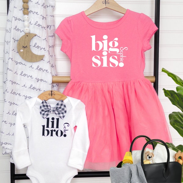 Matching Big Sister Dress Little Brother Outfits/Big Sister Pink Tutu Easter Dress/Little Brother Bodysuit with Bow Tie/Baby Announcement