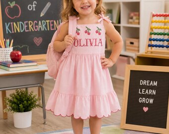 Personalized Pink Cotton Linen Dress, Cherry Embroidered Toddler Sundress, Summer Birthday Outfit