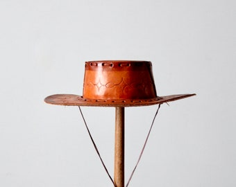 vintage Mexican tooled leather hat, boho hippie hat