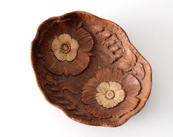 mid century floral cast wood bowl. Syroco style