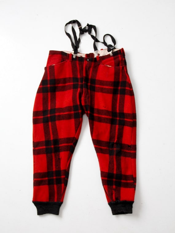 vintage wool plaid hunting pants with suspenders - image 2