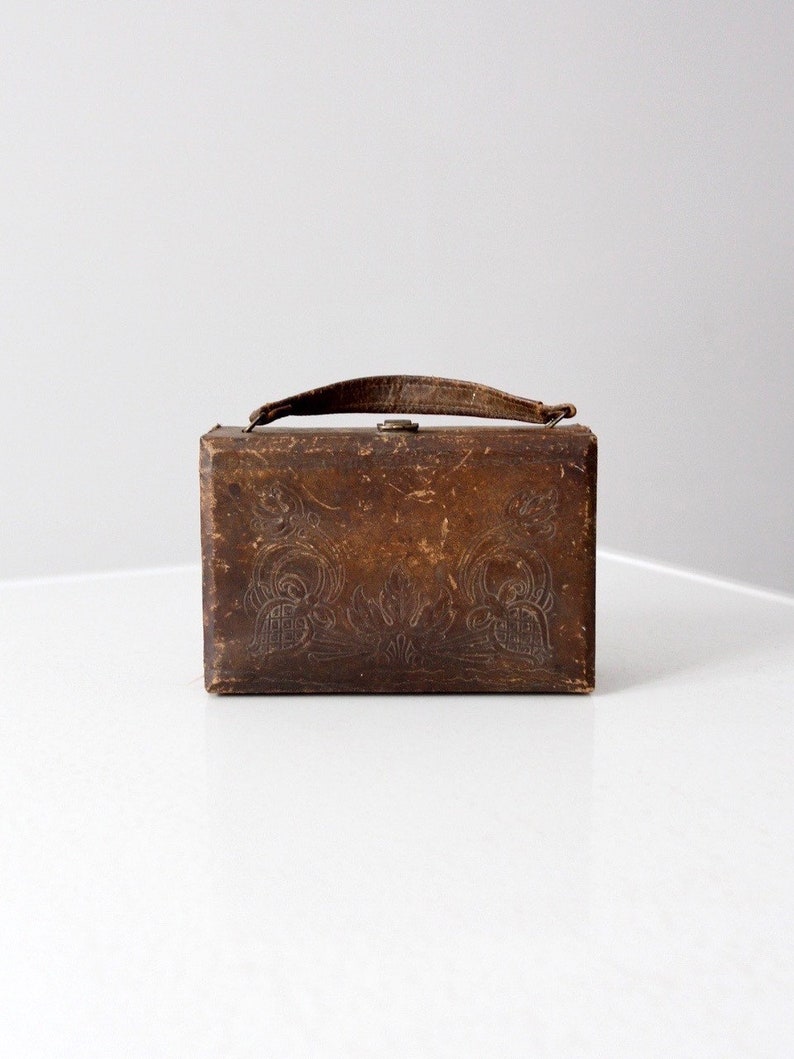 vintage leather handbag, brown box purse image 2