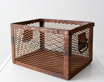 vintage industrial metal mesh crate