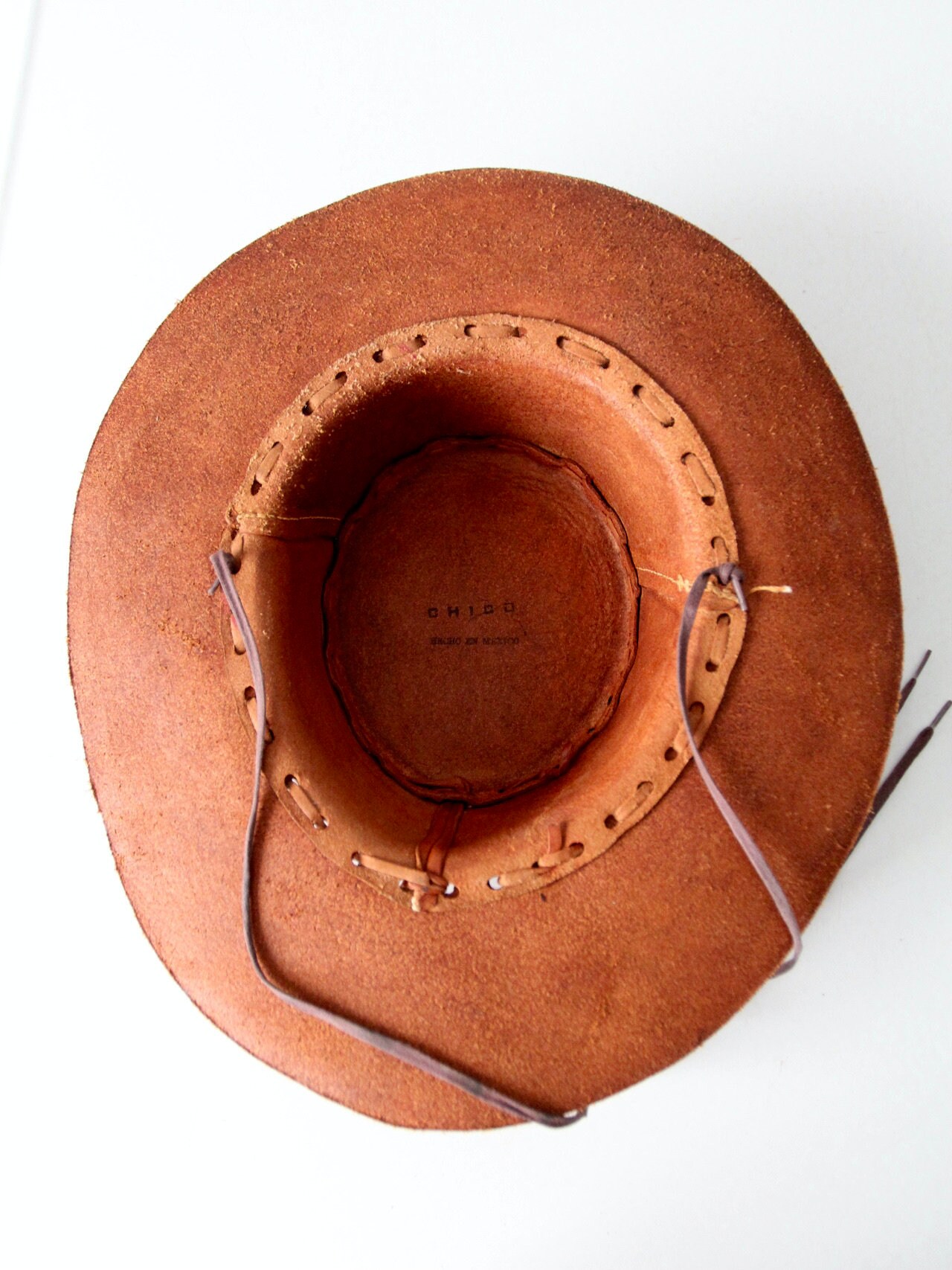 Vintage hand tooled leather boho hat Hand burned hat design with horseshoe and flowers main image 2