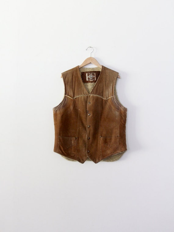 vintage men's suede vest, 1970s shearling vest - Gem