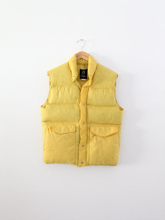 vintage puff vest, men's camp vest, yellow ski v