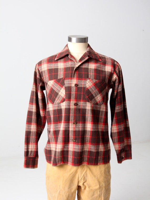 vintage 60s brown plaid wool shirt - image 1