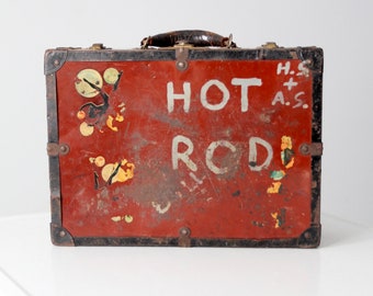 vintage metal luggage case with stickers