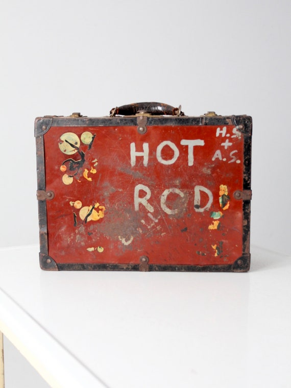 vintage metal luggage case with stickers