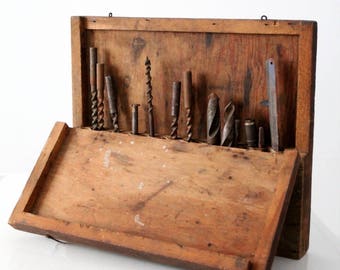 vintage tools with wood case, vintage drill bit set
