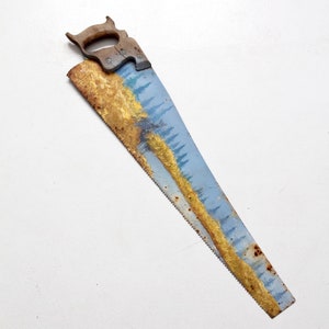 vintage folk art painting on Warranted Superior hand saw