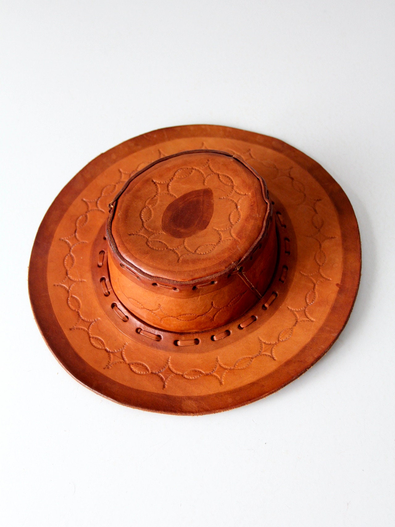 Vintage 1960’s Genuine Leather Hippie hat handmade in Mexico Vintage Brown Leather Safari Style Hat, Vintage Mexico Brown  main image 2