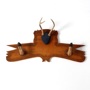 1950s plaque mounted deer antlers and hoof rack
