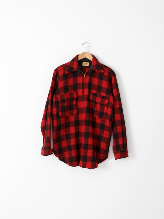 vintage red buffalo plaid shirt coat, 1930s hunti