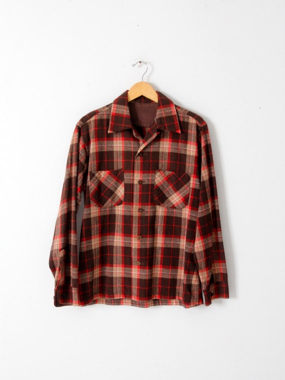 vintage 60s brown plaid wool shirt - image 2