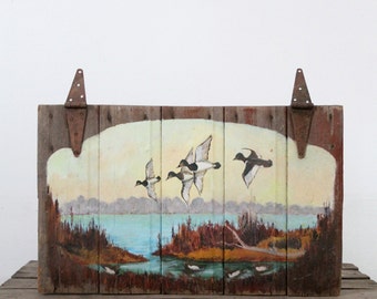 vintage art on barn wood,  duck painting