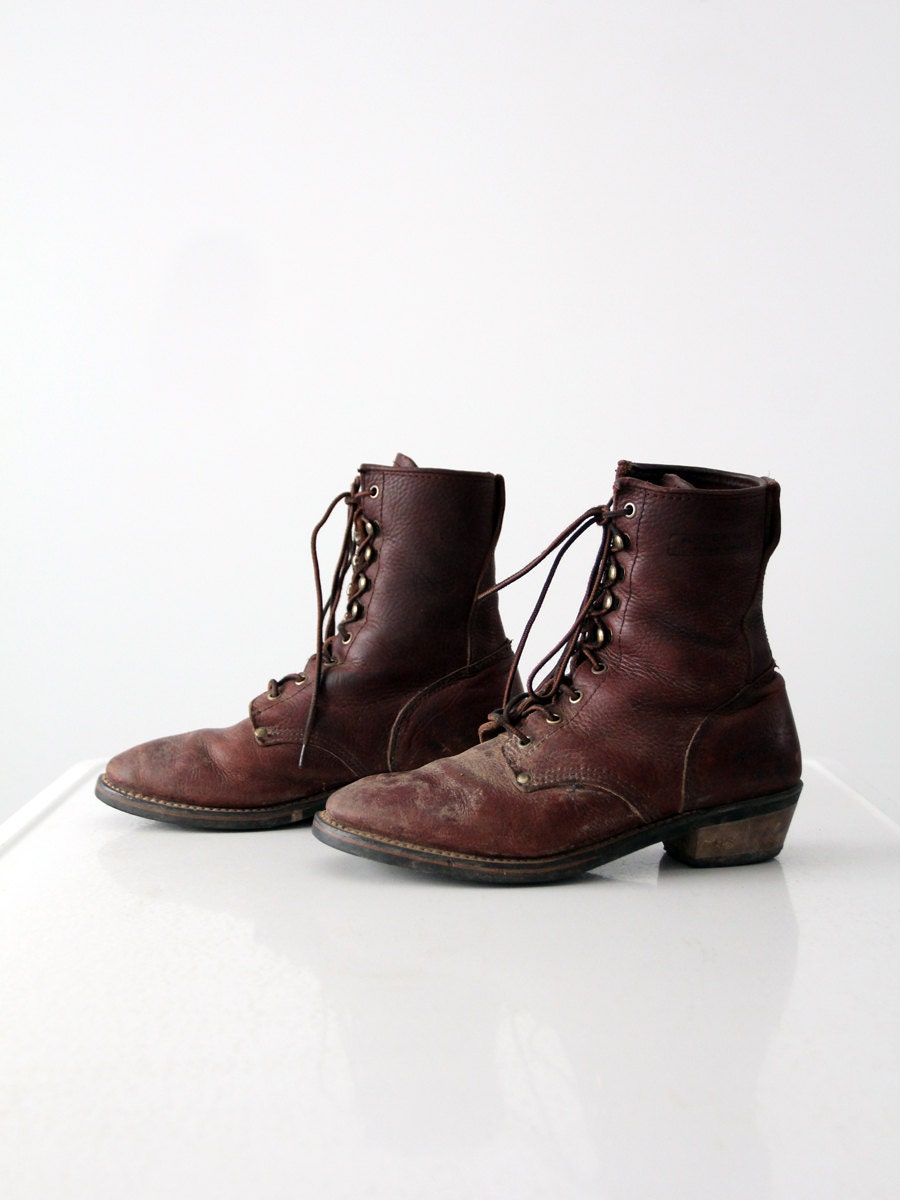 Vintage Lace Up Work Boots, Men's Leather Boots, Size 10