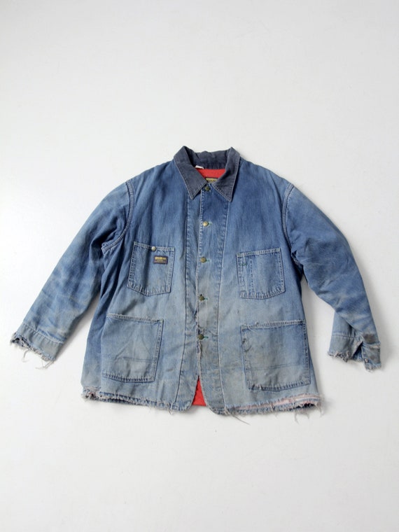 vintage OshKosh distressed denim chore coat, thermal lined barn jacket