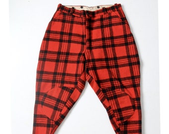 vintage wool hunting pants, red plaid logger pants