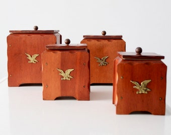 vintage wooden canisters set of 4, eagle kitchen containers