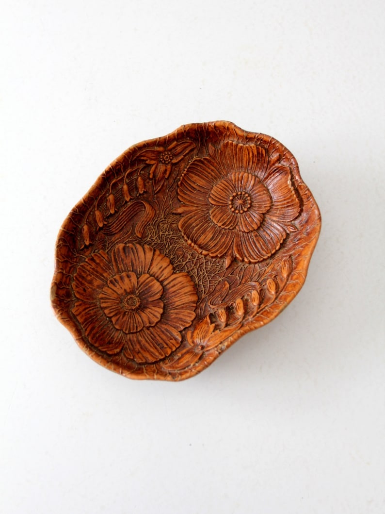 mid-century floral cast wood bowl, Syroco style bowl image 1