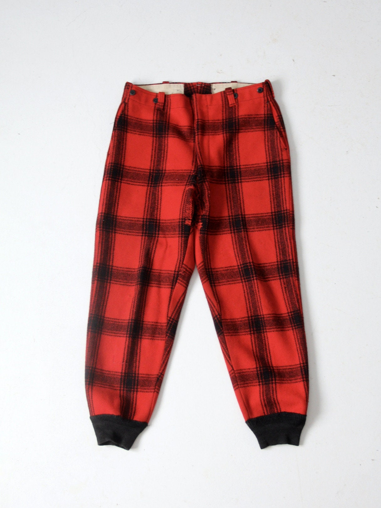 Très Rare Vintage 1940'S Rouge et Noir Plaid Laine Chasse