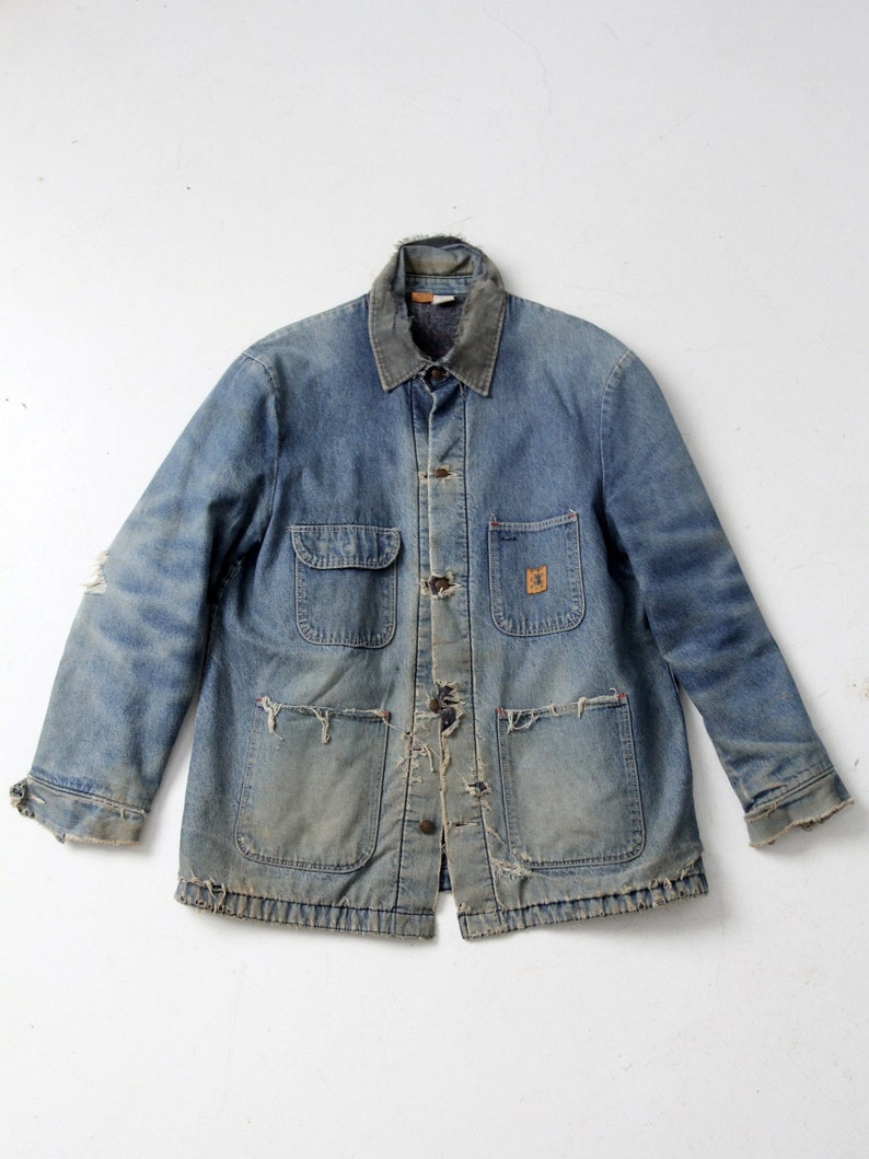 vintage Big Ben distressed denim chore coat, blanket lined barn jacket image 1