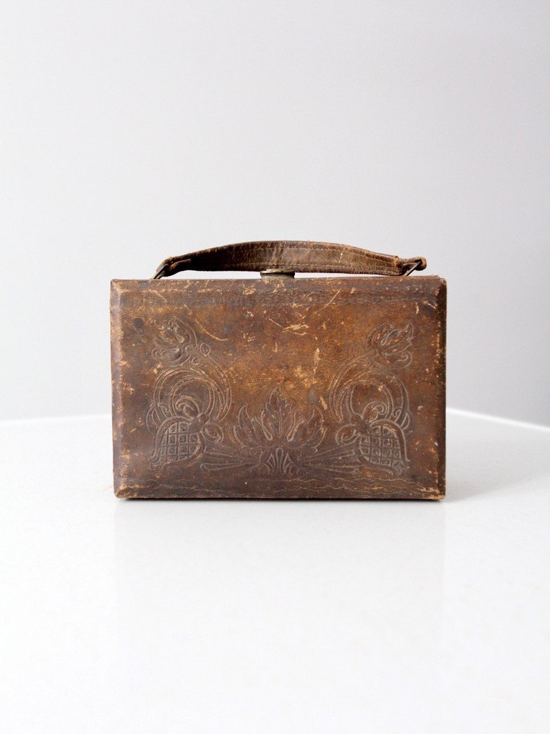 vintage leather handbag, brown box purse image 1