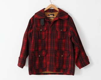 1960s Woolrich wool coat, vintage men's red plaid hunting jacket