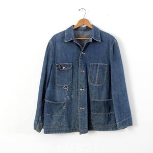 vintage 1940s distressed denim barn coat, chore jacket