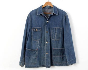 vintage 1940s distressed denim barn coat, chore jacket