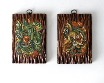 mid-century hand-painted wood wall art pair