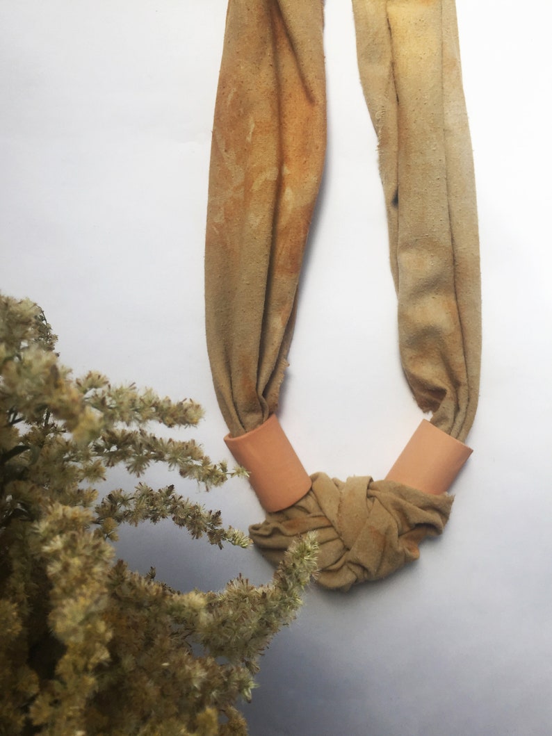 Avocado Raw Silk Necklace with Hand Build Terra Cotta Beads Goldenrod