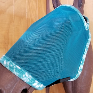 Custom Horse Fly Mask - Size Medium - Single Ear - Bright Teal Mesh #390 trim