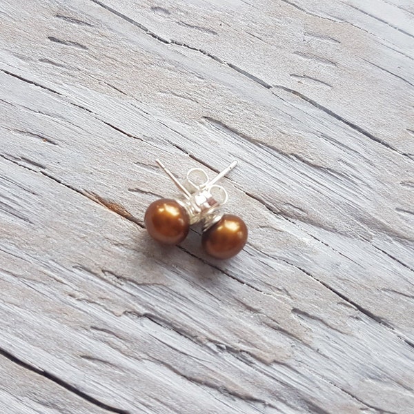 Freshwater Pearls, 6-7mm. Caramel Brown colored freshwater pearl stud earrings, half round, silver plated studs. JemstoneZ Hand Crafted.